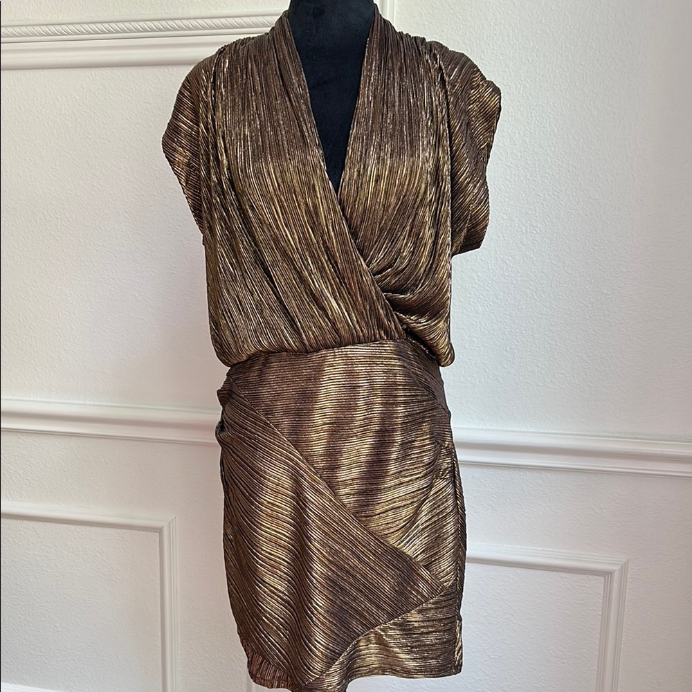 RACHEL Rachel Roy Metallic Bronze Plissé Mini Dress
